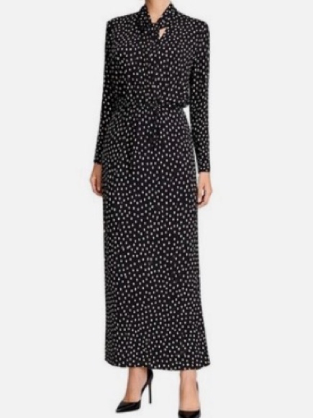 ❤️ BCBGMaxAzria ALICHA Tie Neck Black Maxi Dress with Gardenia Dot Pattern